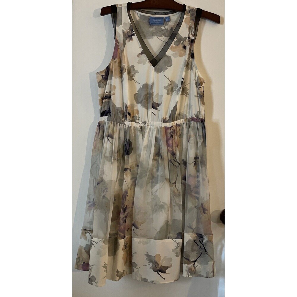 Vera Wang Women's L V-neck Purple Ivory Floral Ruffled Lined Sheer Fairy